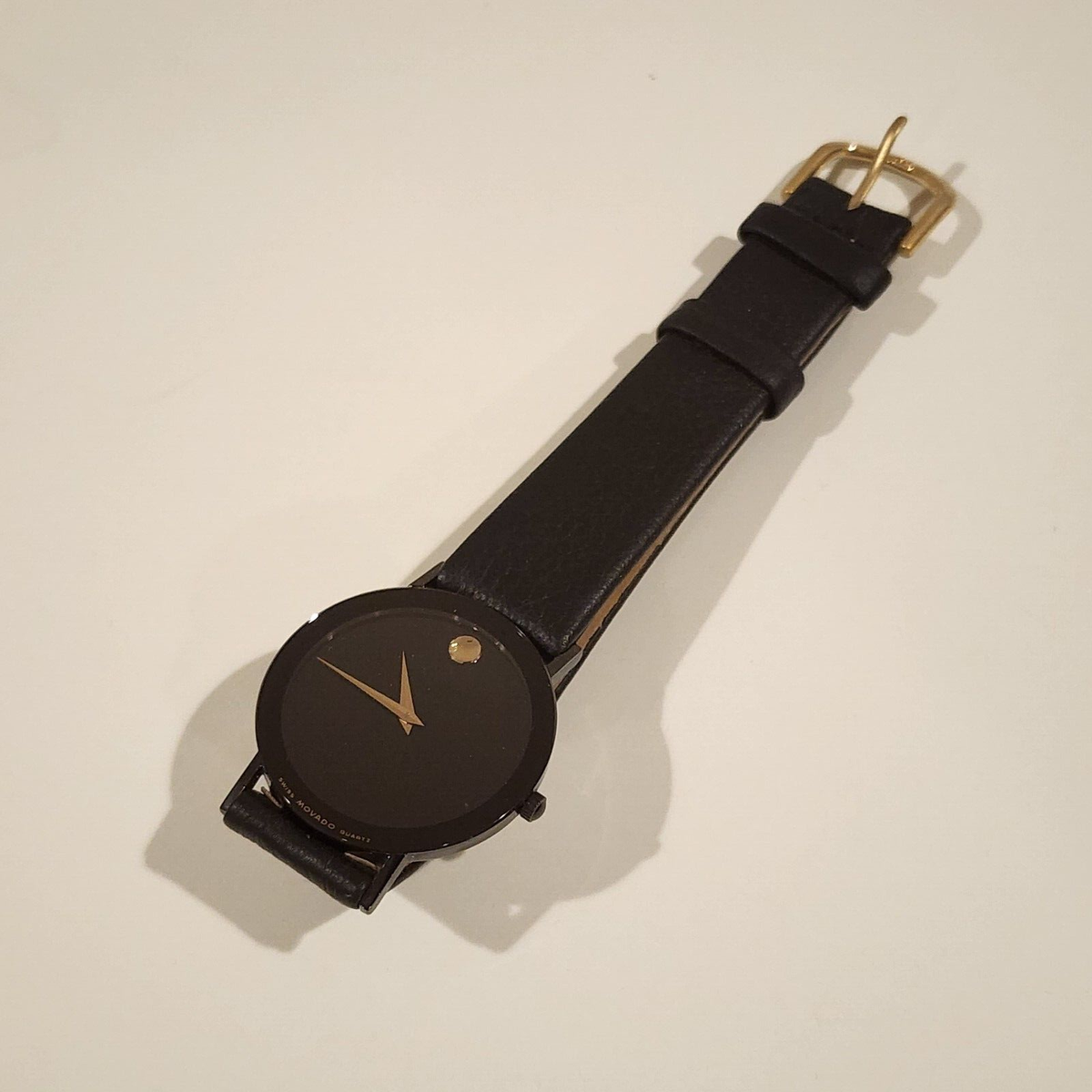 Vintage Men's Movado Sapphire Quartz Watch Black Dial Leather PVD