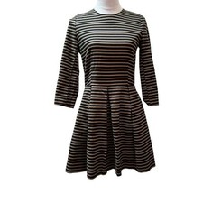 Striped Fit and Flare Dress Pleated Skirt 3/4 Sleeve