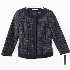 NWT Tahari Tweed Cropped Blazer, Navy w/Ivory  Gold, 00P/0P, 158
