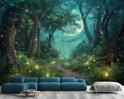 Moonlit Fireflies Path Forest Art Wallpaper Mural Removeable Washable Peel-Stick