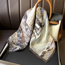 100% Mulberry Silk 26" Square Scarf Women Neckerchief Wrap Vintage Oil Painting