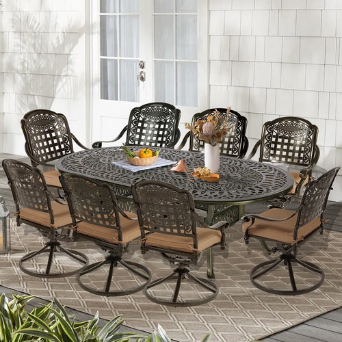 Set da pranzo patio 9 pezzi set mobili da esterno con grande tavolo ovale 8 sedie girevoli - Foto 14 di 45