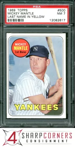 1969 TOPPS #500 MICKEY MANTLE YANKEES HOF LAST NAME IN YELLOW PSA 7