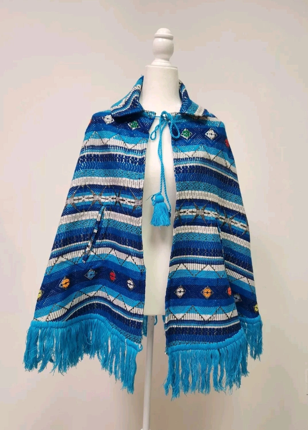 Boho Knit Poncho Cape Blue Fringe Tassel Festival Hippie OS Vintage Style