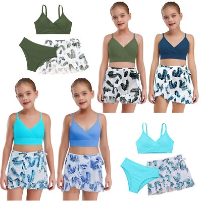 Mädchen Badeanzug Bademode 3 Teilig Blumen Druck Bikini Set mit Rock Sommer - Bild 1 von 4