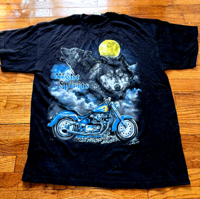Vtg Night Spirits Men's Tee Shirt Black Motorcycles Wolves Pre Shrunk Cotton XL
