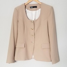 Zara Round Neck Blazer Jacket M Gold Buttons Beige Structured Classic 2492/771