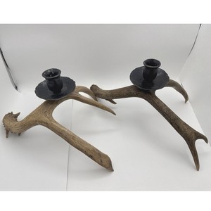 VTG Pair Deer Antler Horns Candlestick Holders Rustic Farmhouse Cabincore Decor