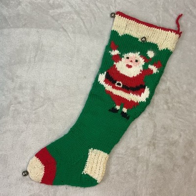 Vintage Christmas Stocking Hand Knit Santa Claus Lined Red Green Double Sided