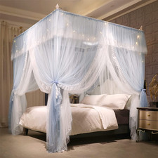 4 Corners Post Ruffle Princess Bed Canopy Curtain-Double Layer Cozy Drape Nettin