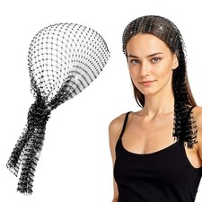 Rhinestone Mesh Rave Head Scarf - Glitter Disco Accessories for Women, Black