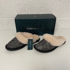 EMU Australia Jolie Fur Sheepskin Slippers Black Leather Spotted EU 39 UK 6 New