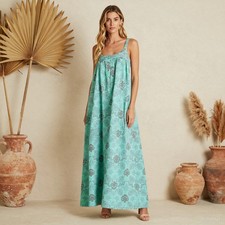 Boho Cottage Maxi Dress Green Grey Floral Cotton A-Line Sleeveless Peasant US 4