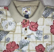 Cutter & Buck Short Sleeve Polo Shirt Mens XL Floral & Postcards AOP