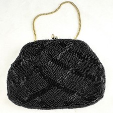 Vintage Black Glass Beaded Geometric Purse / Evening Bag. Gold Hide Away Chain.