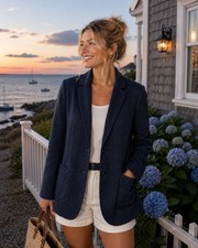 Talbots Aberdeen Women's Knit Blazer Navy Blue Heather Two Button Jacket 10