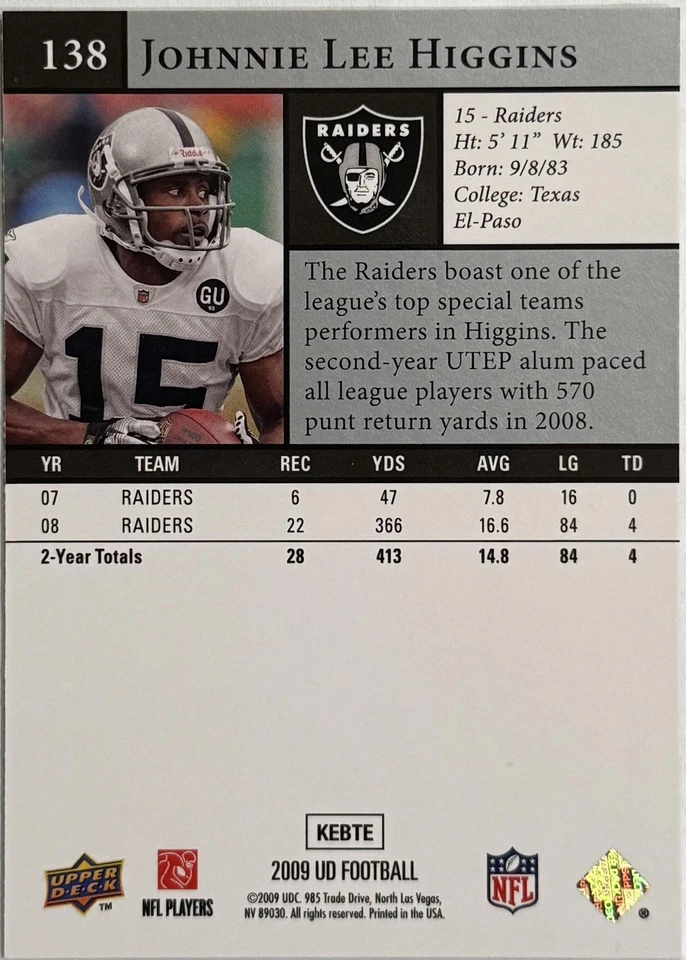 2009 Upper Deck #138 Johnnie Lee Higgins - Image 2 of 2