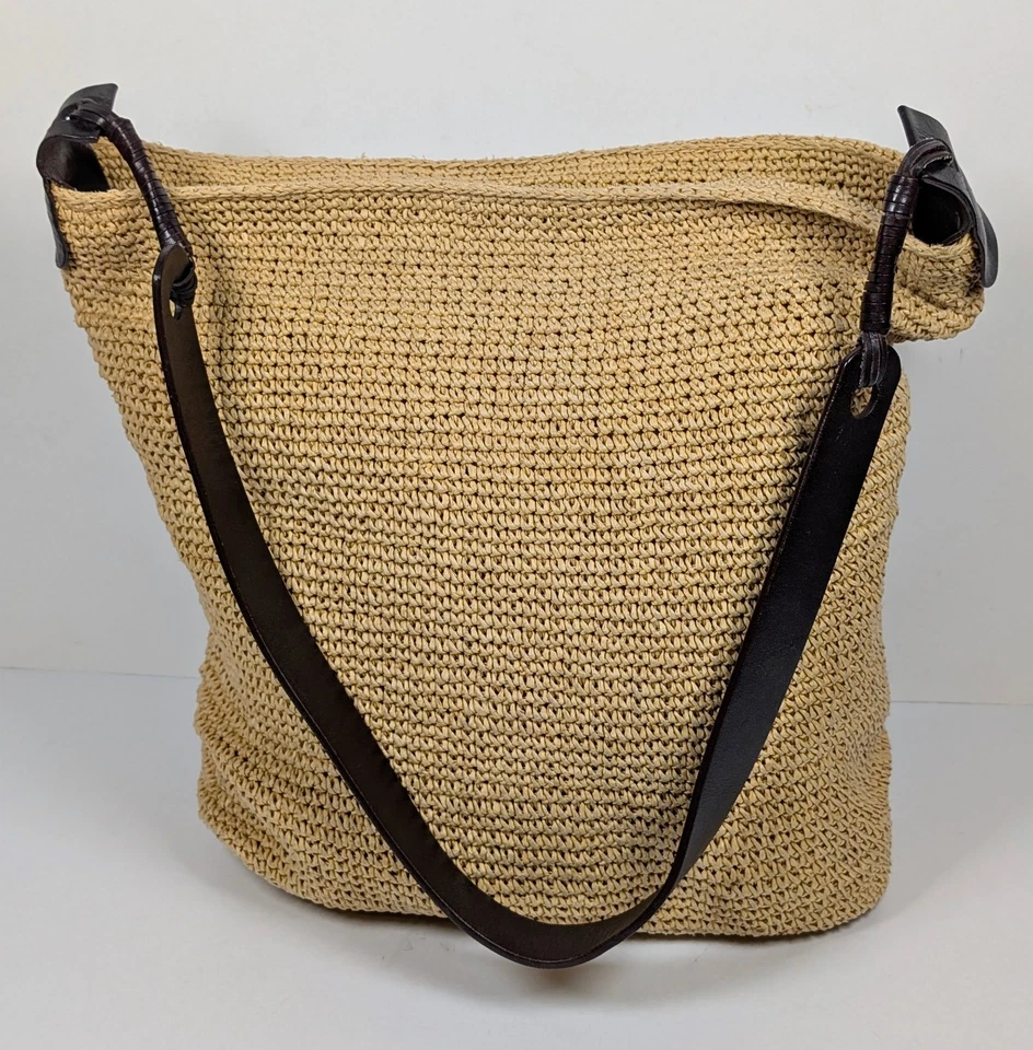 Banana Republic Paper Straw Shopper Tote Beach Bag Leather Straps Vacation - Image 2 of 4