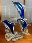 Vintage Murano-style Dolphins Riding Waves Handcrafted Clear Cobalt Glass 9.85”