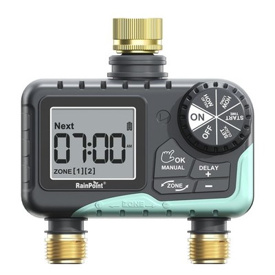 RAINPOINT 2 Zone Sprinkler Timer with Brass Inlet and Outlet 2 outlets, 