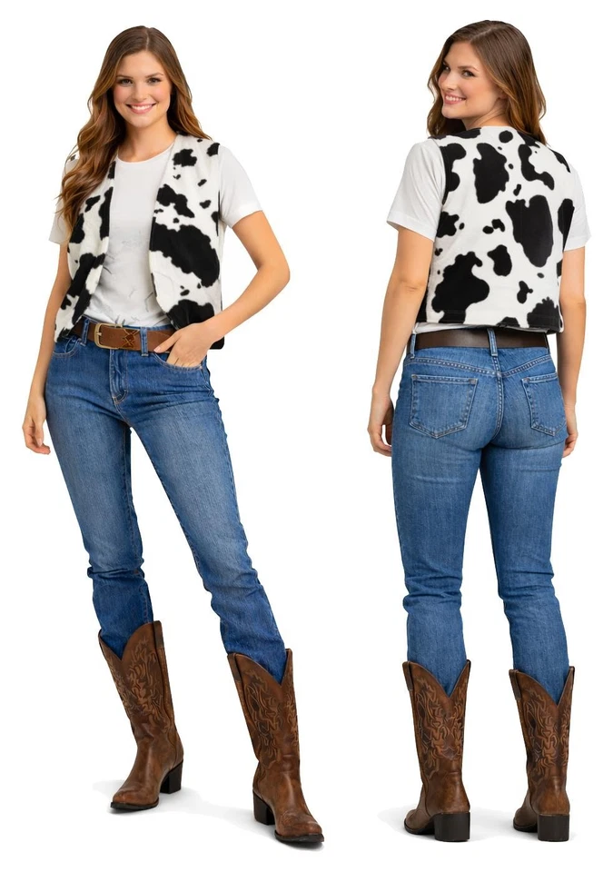 Adults Woody Cowhide Animal Print Waistcoat Cowboy Cowgirl Wild West Fancy Dress - Image 3 of 4