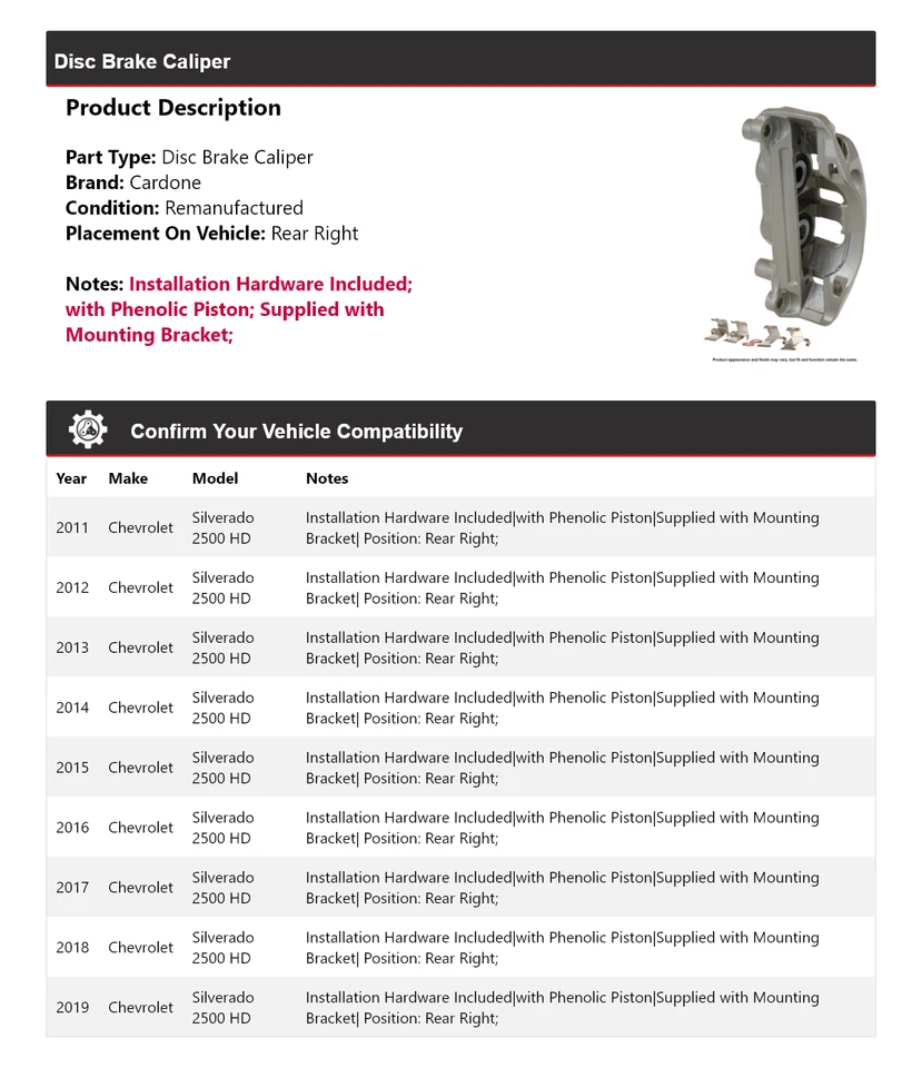 Pinza de freno de disco trasera derecha Cardone para Chevrolet Silverado 2500 HD 2011-2019 Foto 2 de 4