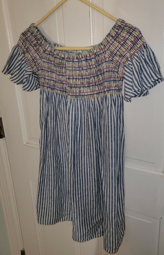CAT & JACK blue White Striped Linen Seersucker Pullover peasant dress L 10 12 - Picture 2 of 6