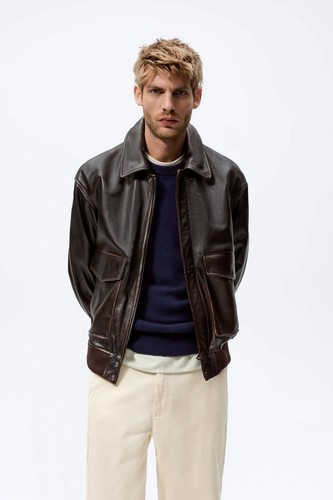 New Zara Genuine Leather Bomber Aviator Jacket S Brown 5479/300 coat jeans pant - Picture 3 of 10