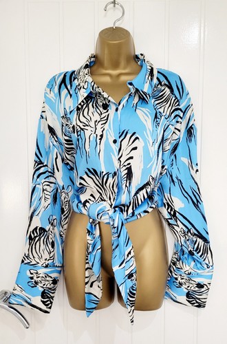 ZARA size 12 14 M Gorgeous blue zebra satin tie cropped blouse top shirt VGC - Picture 2 of 5