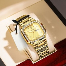 Men's Luxury Rhinestone Calendar Watch Steel Strap Square Quartz Wristwatch Gift