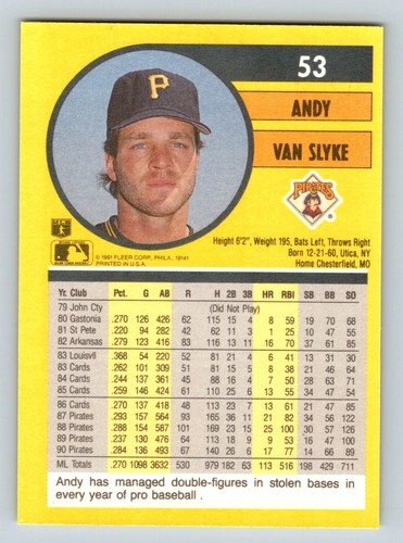 Andy Van Slyke 1991 Fleer #53 Pittsburgh Pirates - Picture 2 of 2