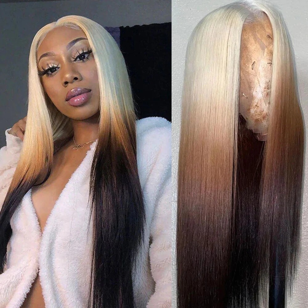 New Ombre Blonde Black Straight Lace Front Wig Long Heat  display picture 1