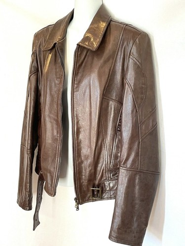 Bata and More Italian Brown Leather Moto Motorcycle Ruched Buckle Jacket EU 50 L - Picture 4 of 11