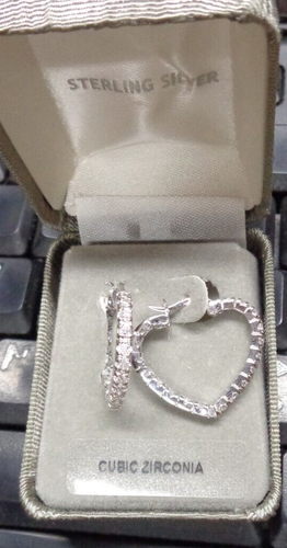 Estate Jewelry ~ .925 Sterling Silver CZ Rhinestone HEART Pierced Hoop Earrings - Picture 9 of 9