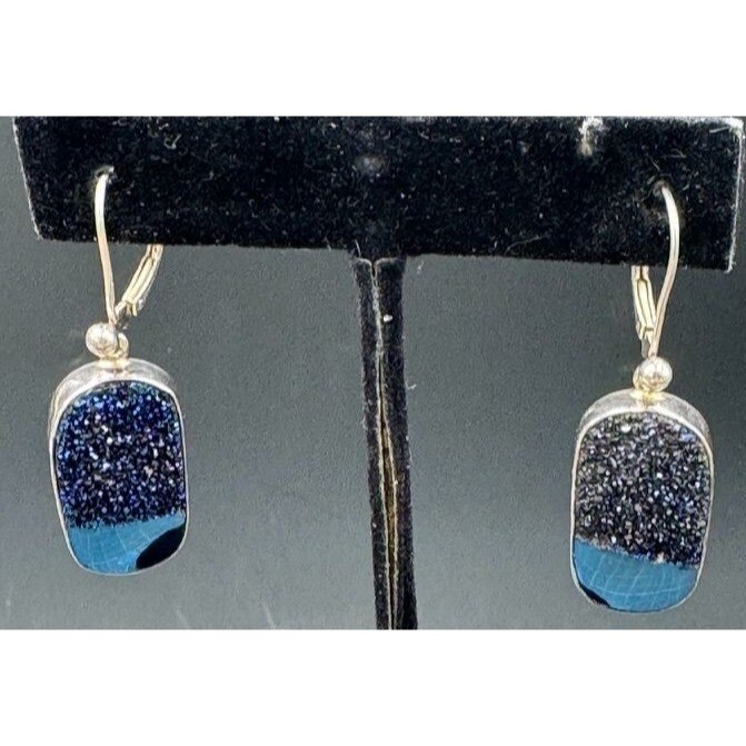 Blue Rectangular Druzy Stone Earrings Sterling Be… - image 1