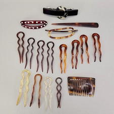 Hair Clips Lot of 16 Vtg Faux Tortoise Combs Pin Celluloid Acrylic Brown