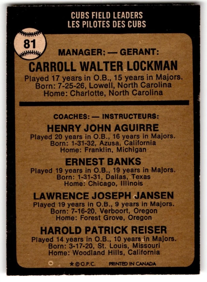 1973 O-Pee-Chee Whitey Lockman/Hank Aguirre/Ernie Banks/Larry Jansen/Pete Reiser - Image 2 of 2