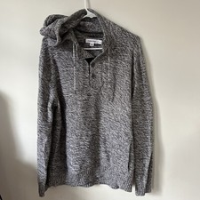 Calvin Klein Mens Knit Hooded Sweater Button Neck Gray Black L