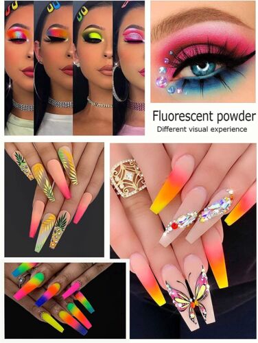 12 Colours Set Neon Pigment Nail Art Powder Dust Ombre Smoky Florescent Rainbow - Picture 3 of 6