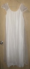 Vintage Long Silky Maxi Nightgown Embroidered Flowers On Sleeve Nightie White