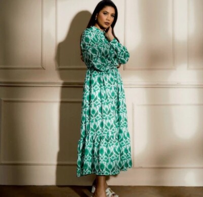Simple White Green Dress DORBE Brand Retro Floral Pattern Full Sleeve Waist String Closure Women Plus Simple White Green Dress DORBE Brand Retro Floral Pattern Full Sleeve Waist String Closure Women Plus