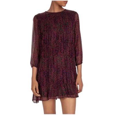 Ba&sh bash Floral Dress Size XS Burgundy Purple3/4 Sleeve Pleated Lightweight