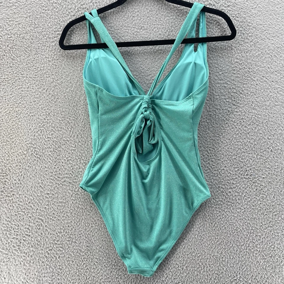 Traje de baño BCBG Paris para mujer grande verde azulado metálico de una pieza lazo trasero cuello en V profundo Foto 2 de 4