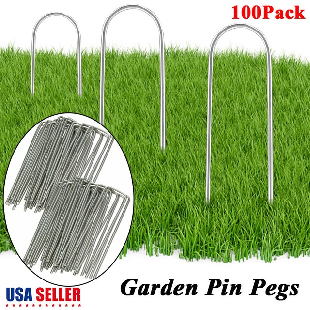 100X 6" Garden Staples Gauge Metal Steel Landscape Spikes Fence Anchor Pins Pegs eBay