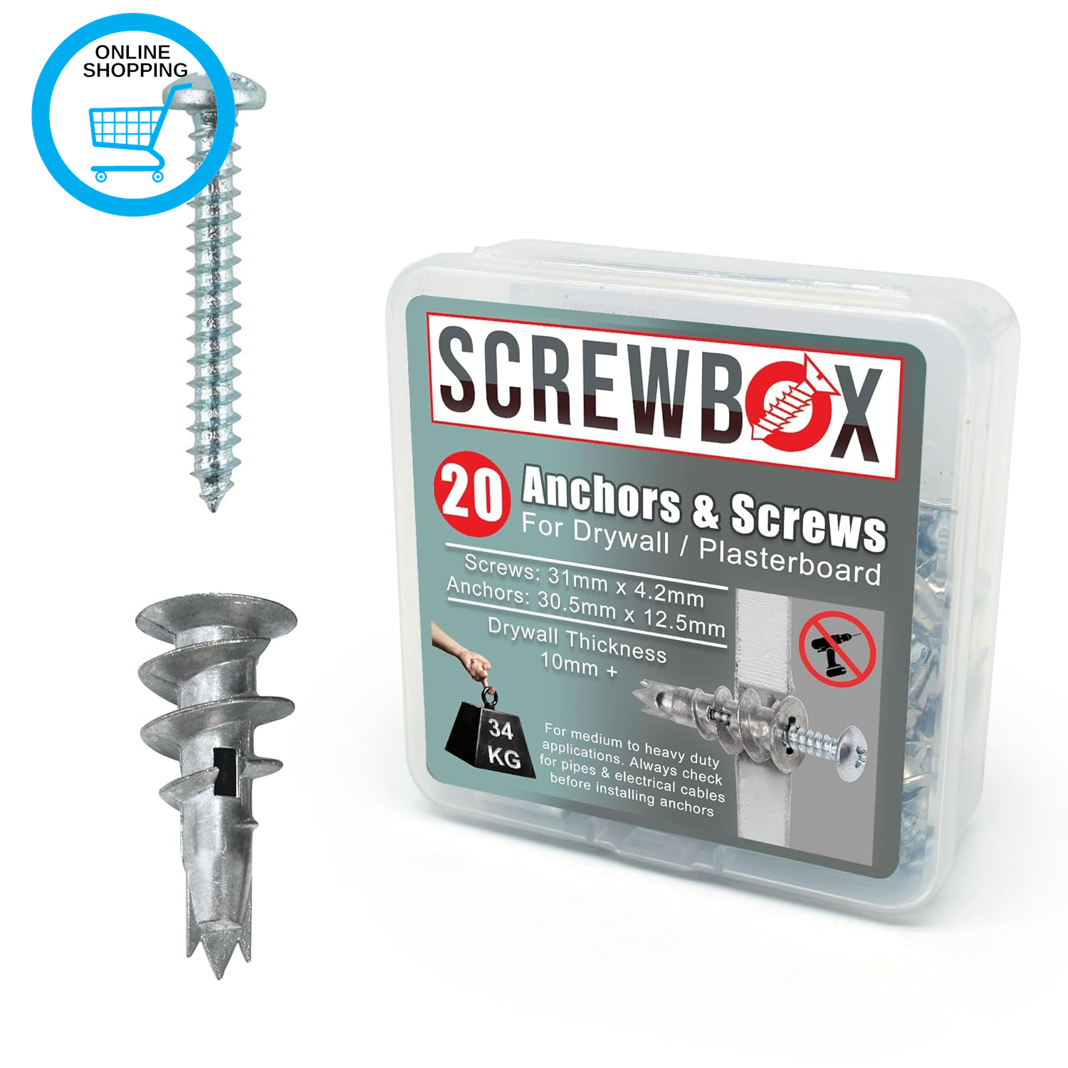 Plasterboard Fixings – 20Pcs Heavy Duty Drywall Anchors & Screws, Metal Self Dri