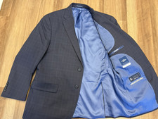 Hart Schaffner Marx 46R Blue Plaid 100 Italian Wool Suit New York Fit Natural