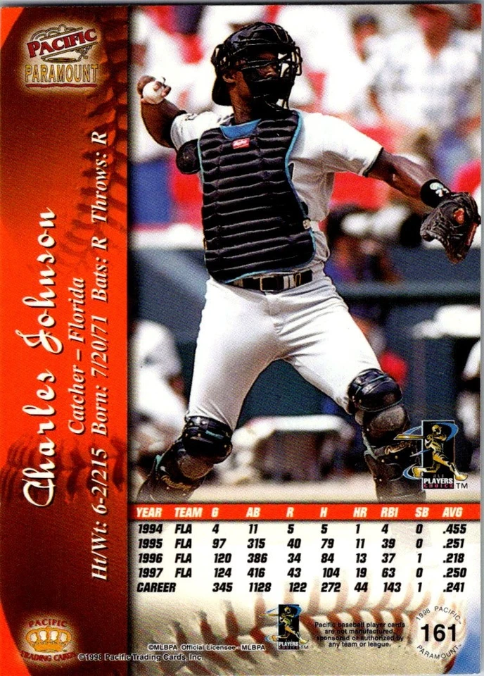 Charles Johnson 1998 Pacific Paramount #161 Florida Marlins - Image 2 of 2