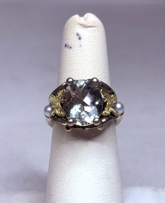 Vintage Ann King 925 Sterling Silver 18k Yellow Gold Aquamarine Pearl Ring Size6