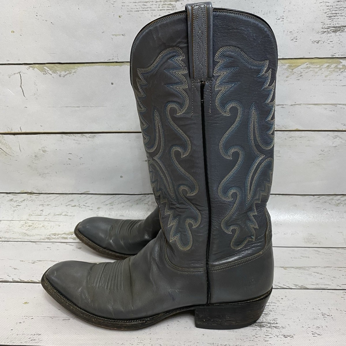 rere Vtg Lucchese San Antonio Mens 10.5 B Narrow Gray Embroidered