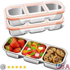 Stainless Steel 3 Compartment Snack Containers Sauces No Spill Lunch Box New